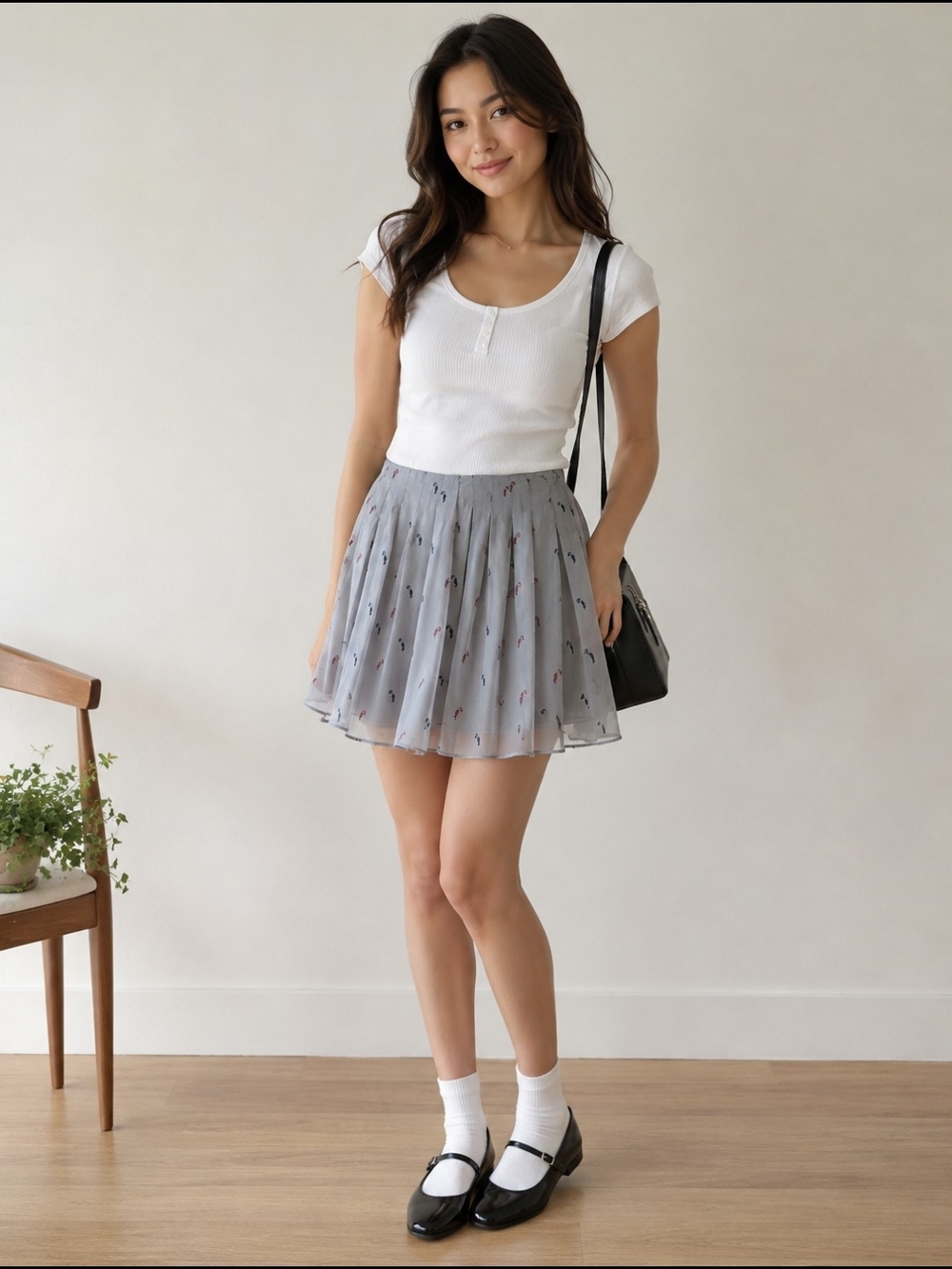 Pleated Light Gray Mini Skirt with Subtle Print